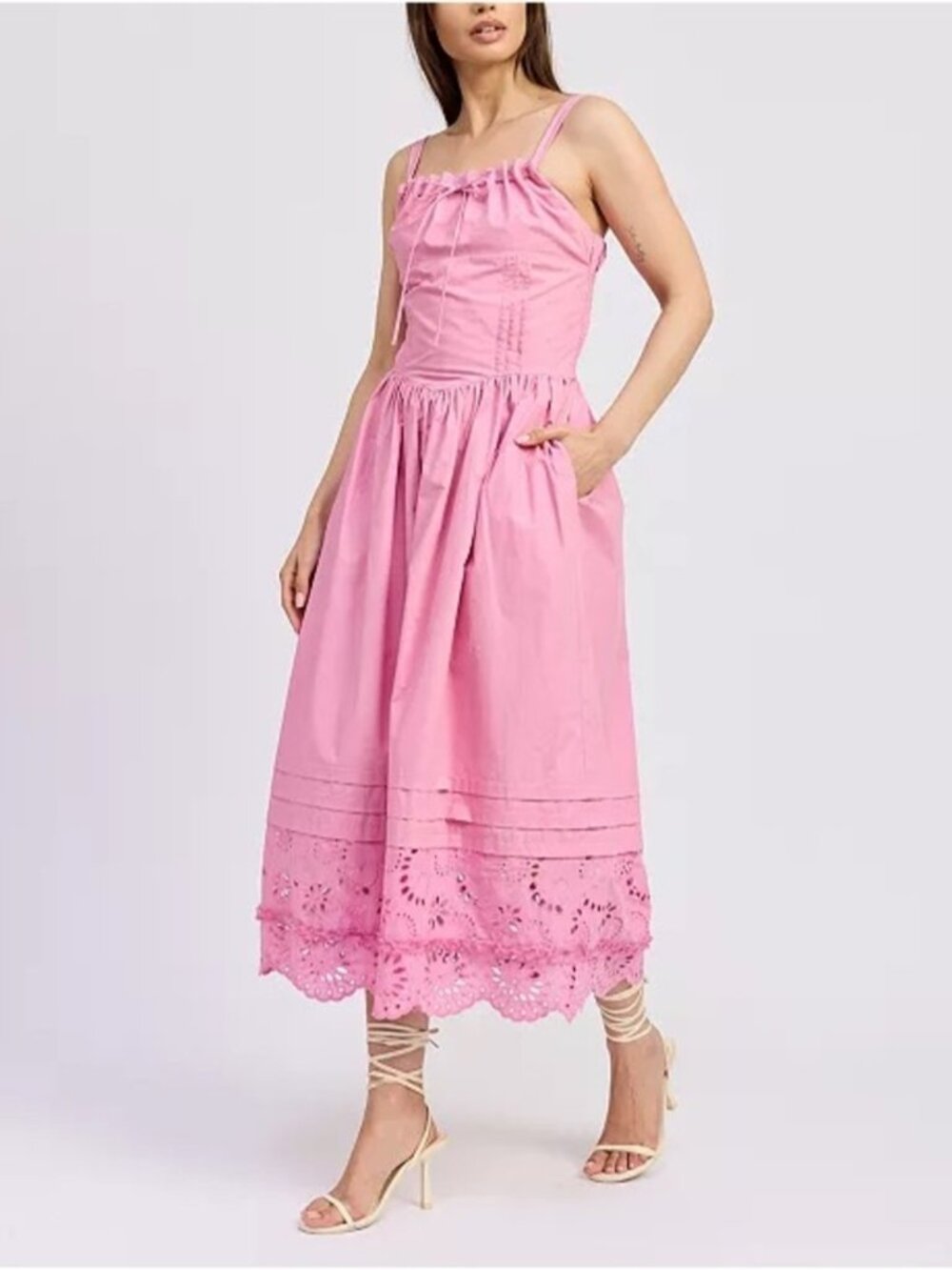 EN Saison Peyton 100% Cotton Midi Dress Pink Size Medium Eyelet Cottagecore